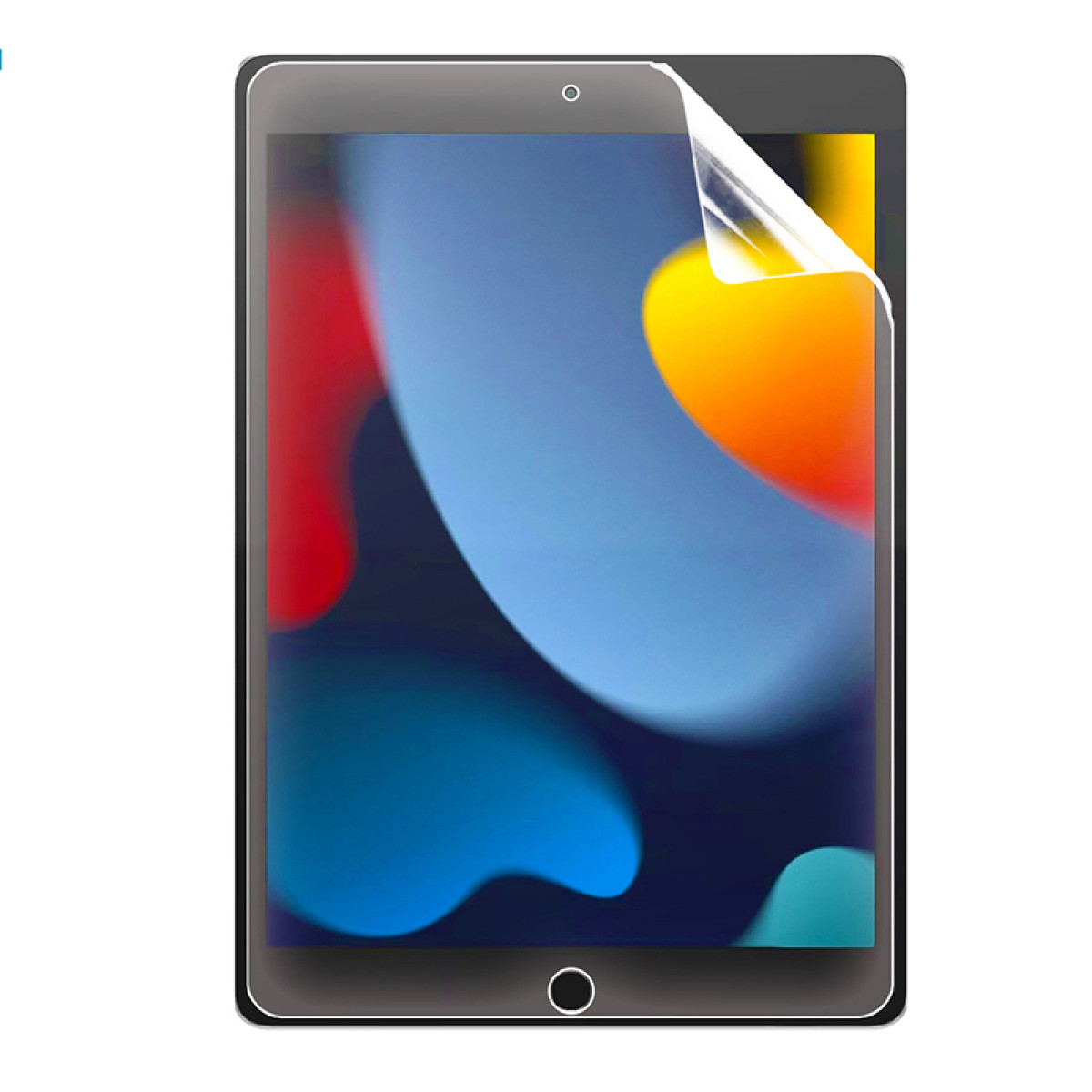 Ein Tablet mit teilweise abgezogener Displayschutzfolie. Das Tablet zeigt einen bunten abstrakten Hintergrund an.