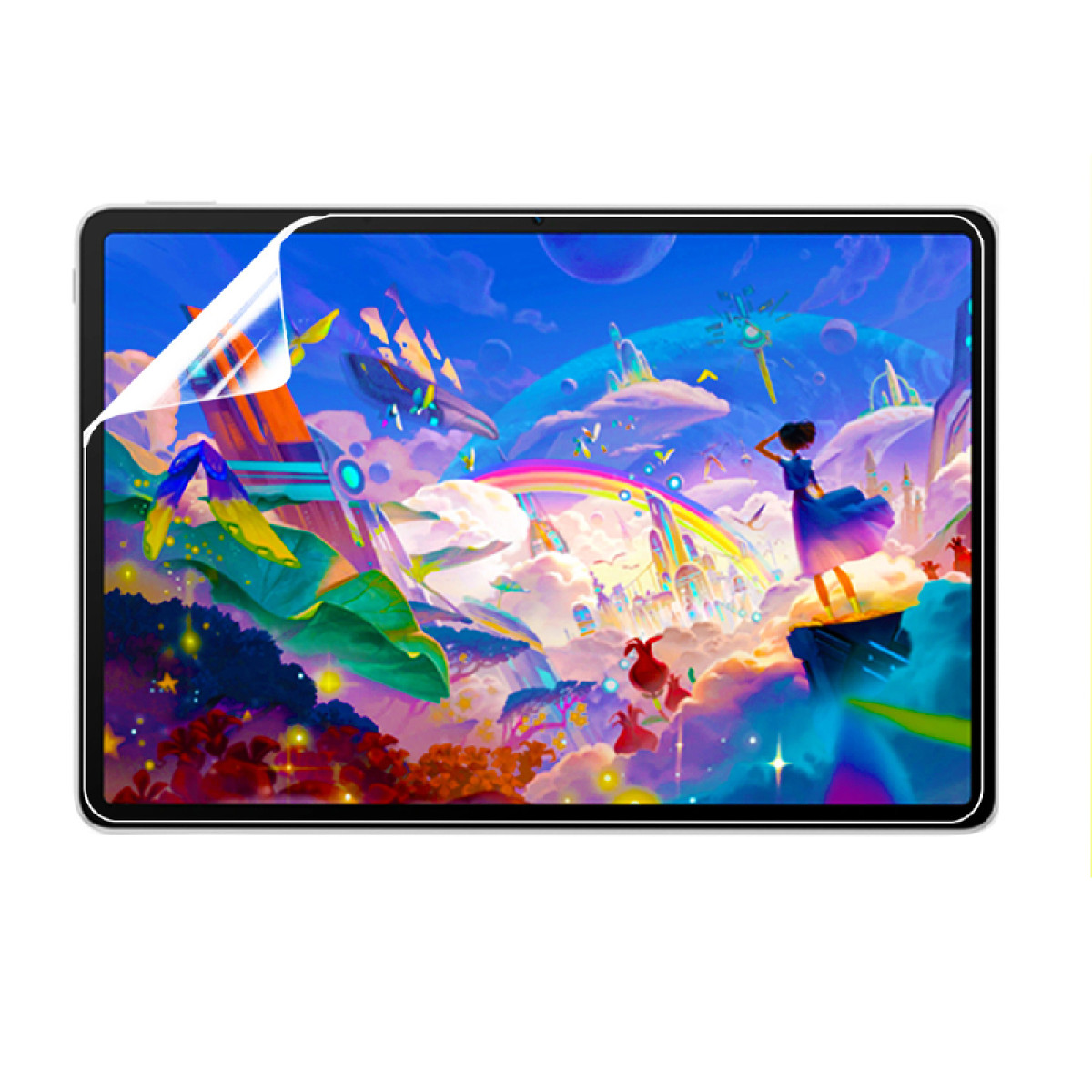 Ein Tablet mit Displayschutz zeigt eine farbenfrohe Fantasieszene.