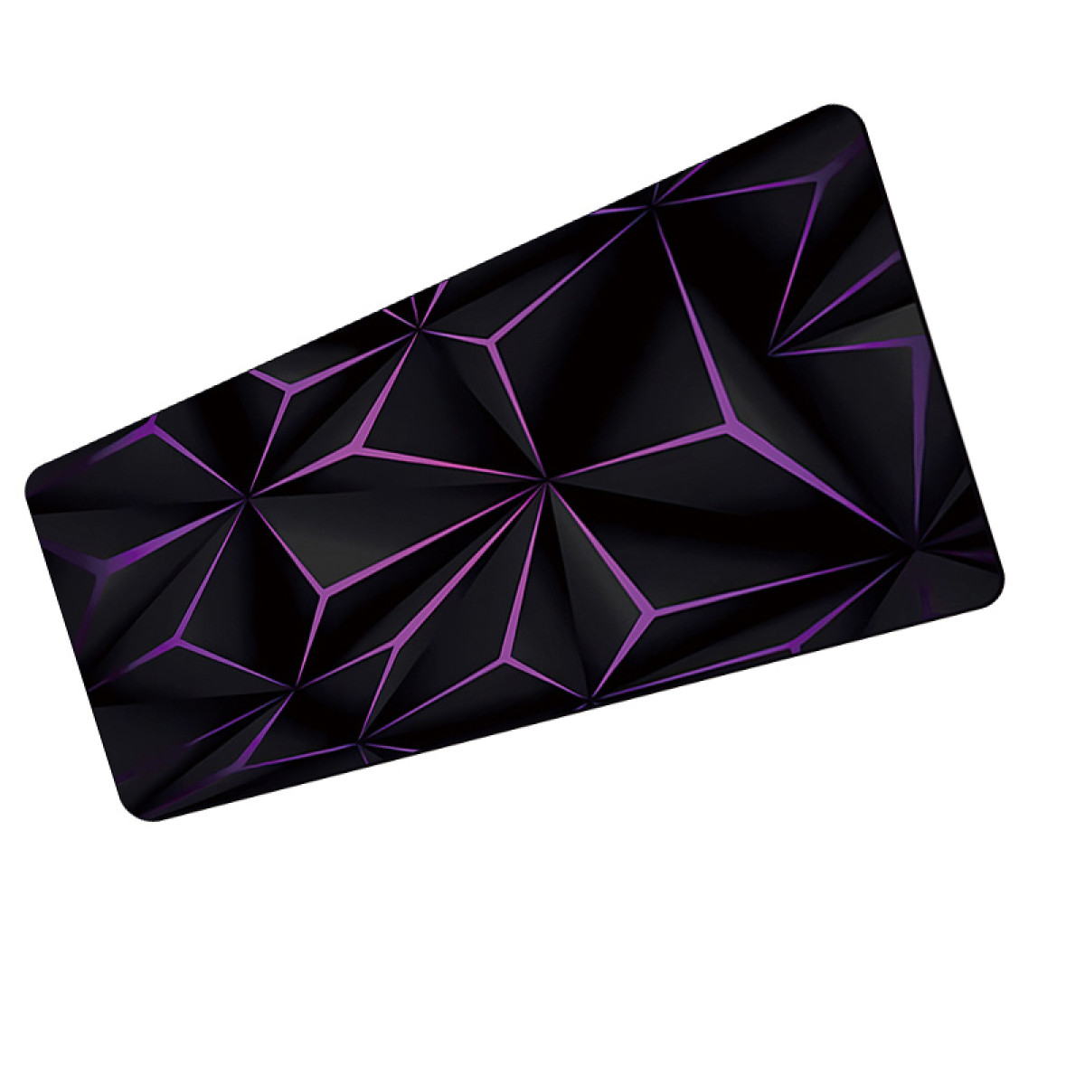 Zwarte muismat met geometrisch paars ontwerp. Het heeft een driehoekig patroon.