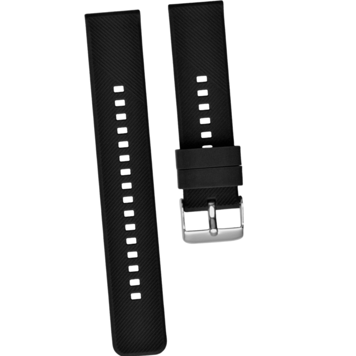 Schwarze Silikon-Uhrenarmbänder, zwei Teile. Eines hat eine Schnalle und einen Stift.