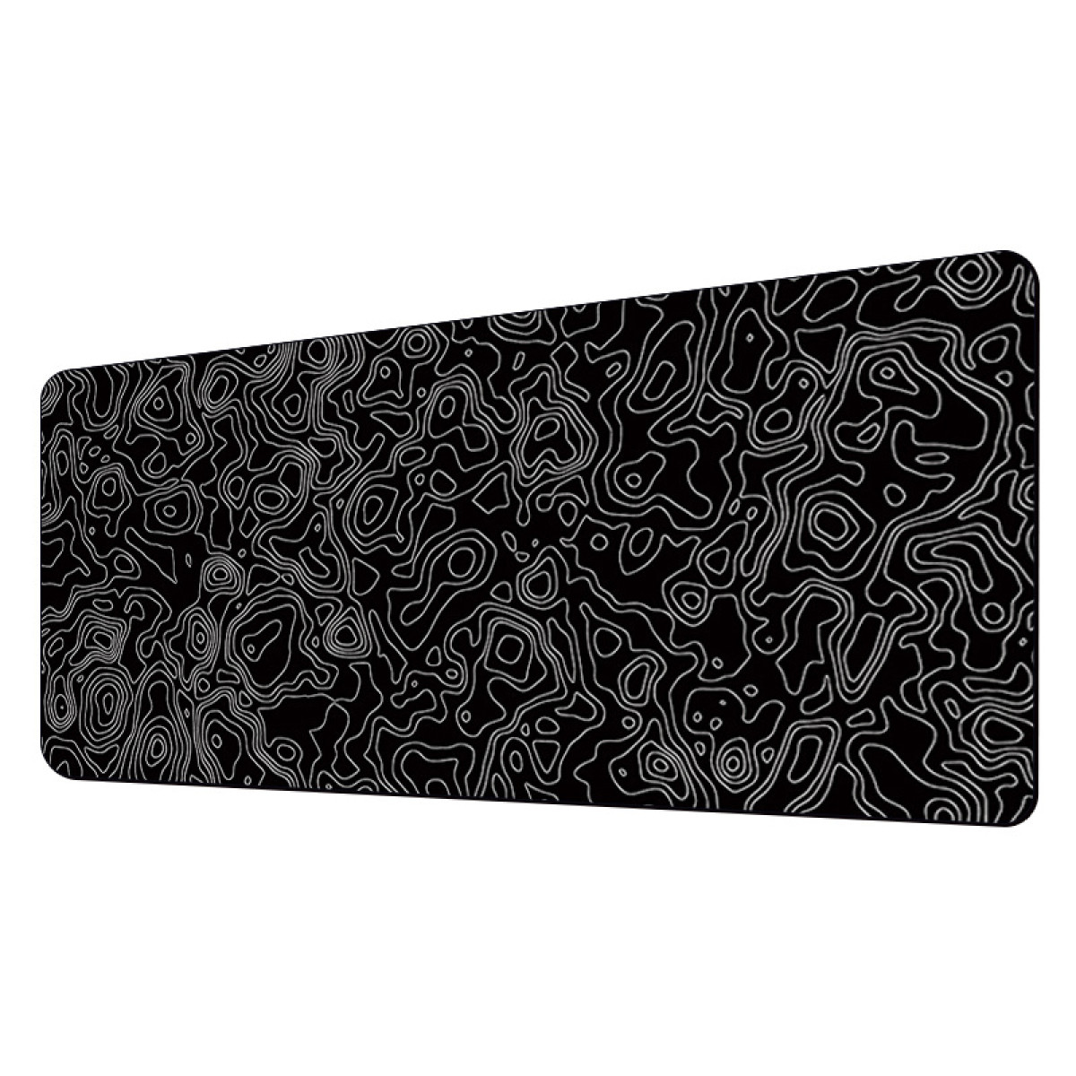 Tappetino nero con linee topografiche bianche. Forma rettangolare con angoli arrotondati.