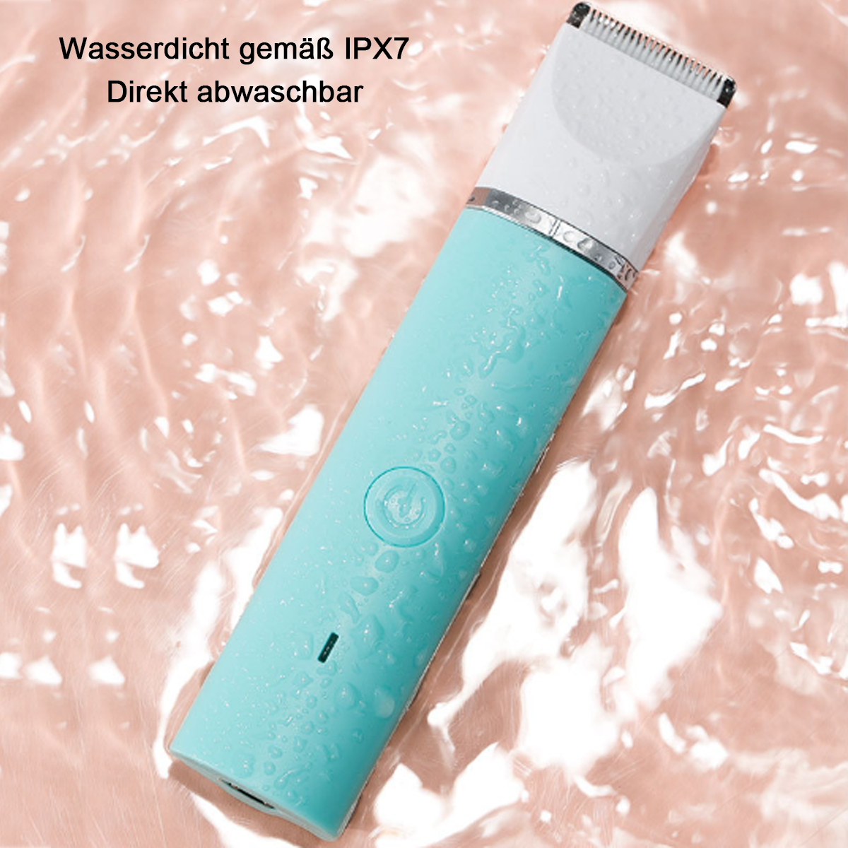 Ein blau-weißer wasserdichter Trimmer. Er ist nass, und im Hintergrund befindet sich ein Wasserripple-Effekt.