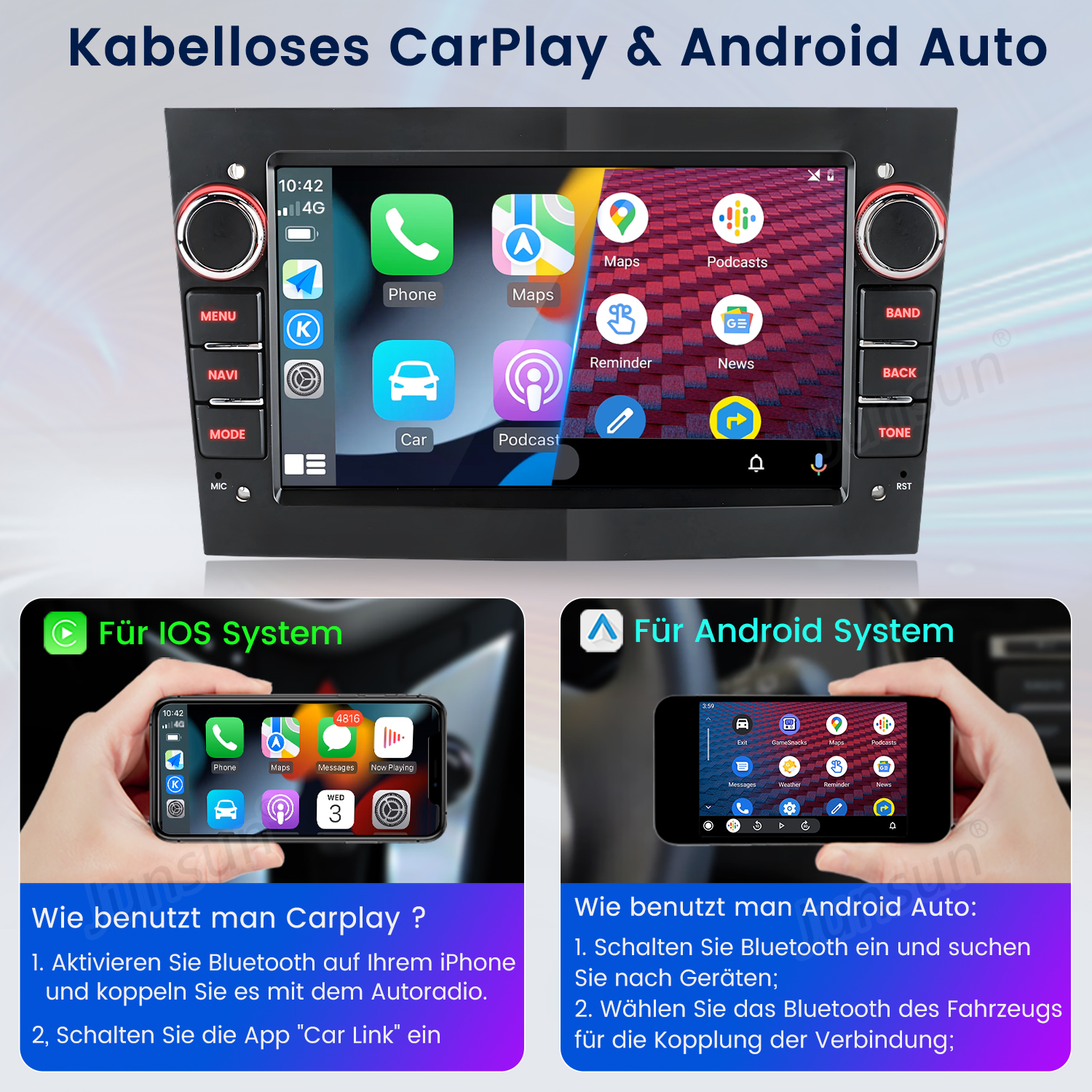 Ekran radia samochodowego z ikonami i instrukcjami obsługi CarPlay i Android Auto.