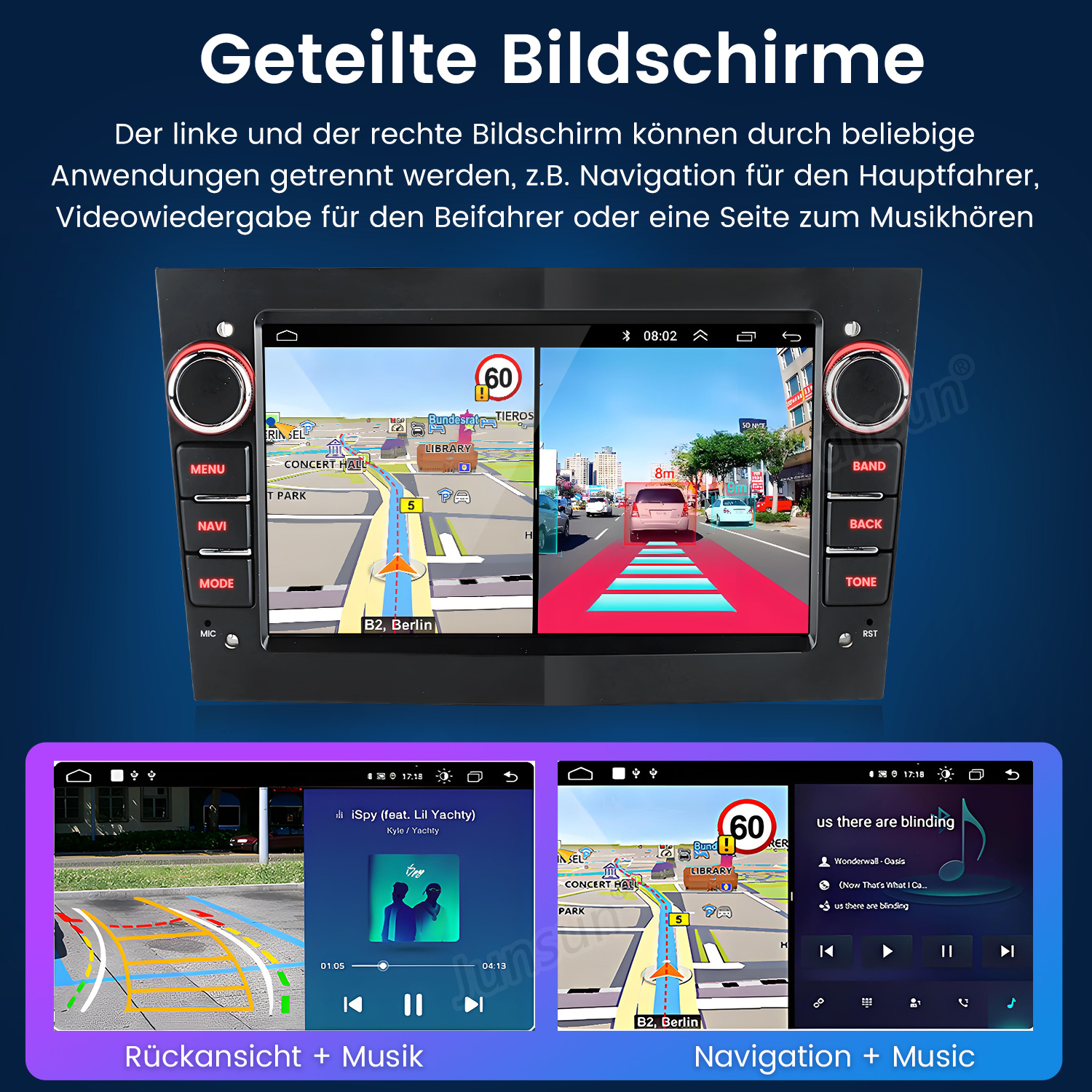 Auto-Multimedia-Bildschirm mit Navigation und Musik auf geteilten Bildschirmen, Text 'Navigation + Musik'.