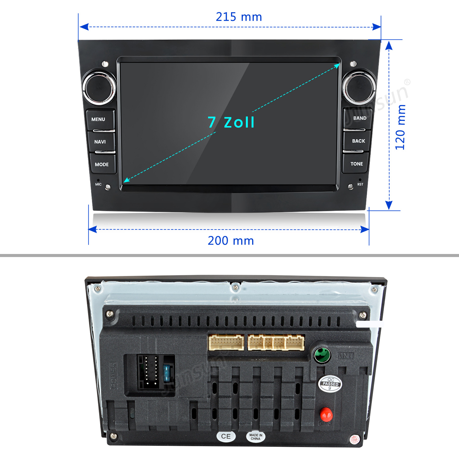 Auto-Multimedia-System mit Touchscreen und Knöpfen. Abmessungen und Maße sind angegeben.