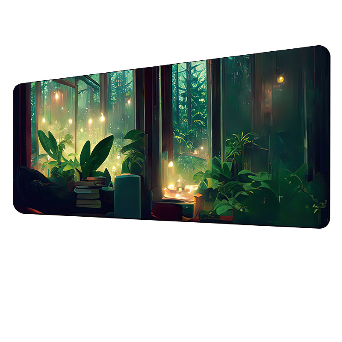 Lange muismat met bosvenster, planten, lichtjes en boeken op een tafel.