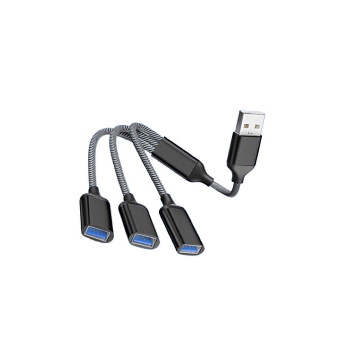 Een USB-naar-3xUSB-adapter. Hij is zwart met blauwe USB-poorten. Drie poorten zijn zichtbaar.
