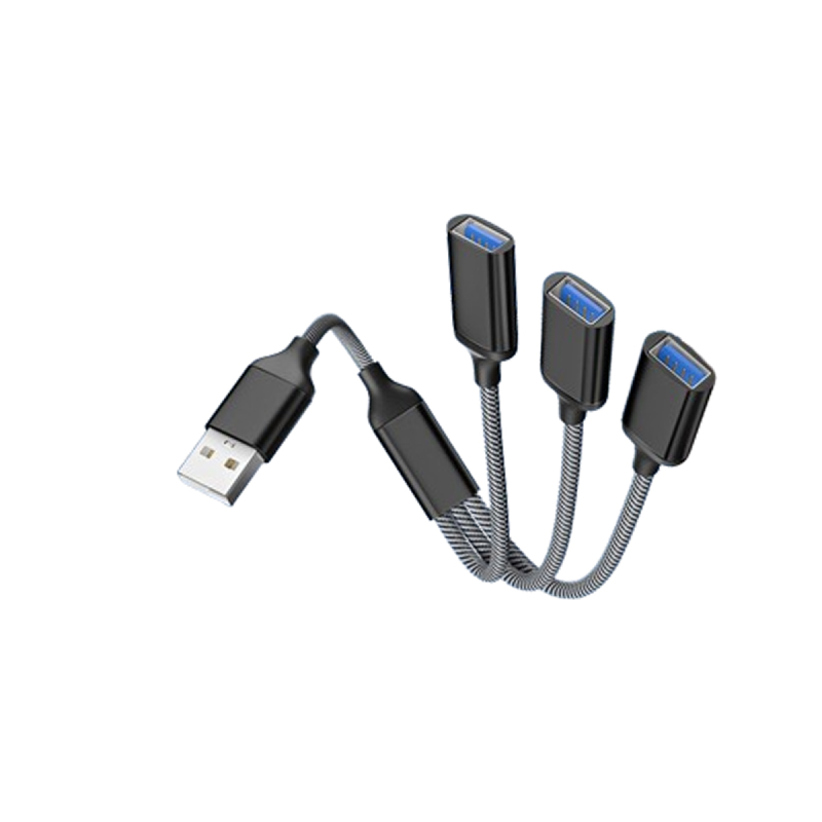 USB-hub met 4 poorten, met een zwarte en grijze kabel en blauwe USB-poorten.