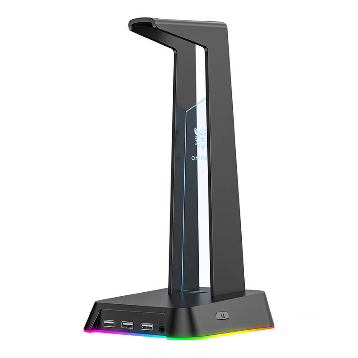 Schwarzer Kopfhörerständer mit bunten RGB-Lichtern an der Basis, weißer Hintergrund.