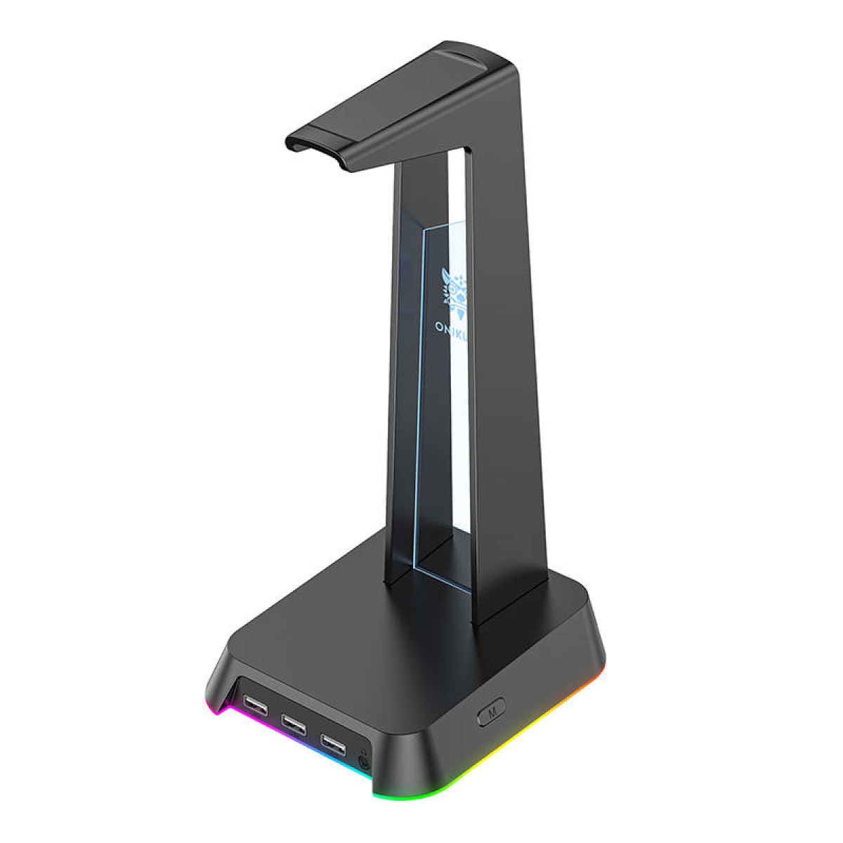 Ein schwarzer Kopfhörerständer mit RGB-Beleuchtung. Er hat einen Sockel mit USB-Anschlüssen.
