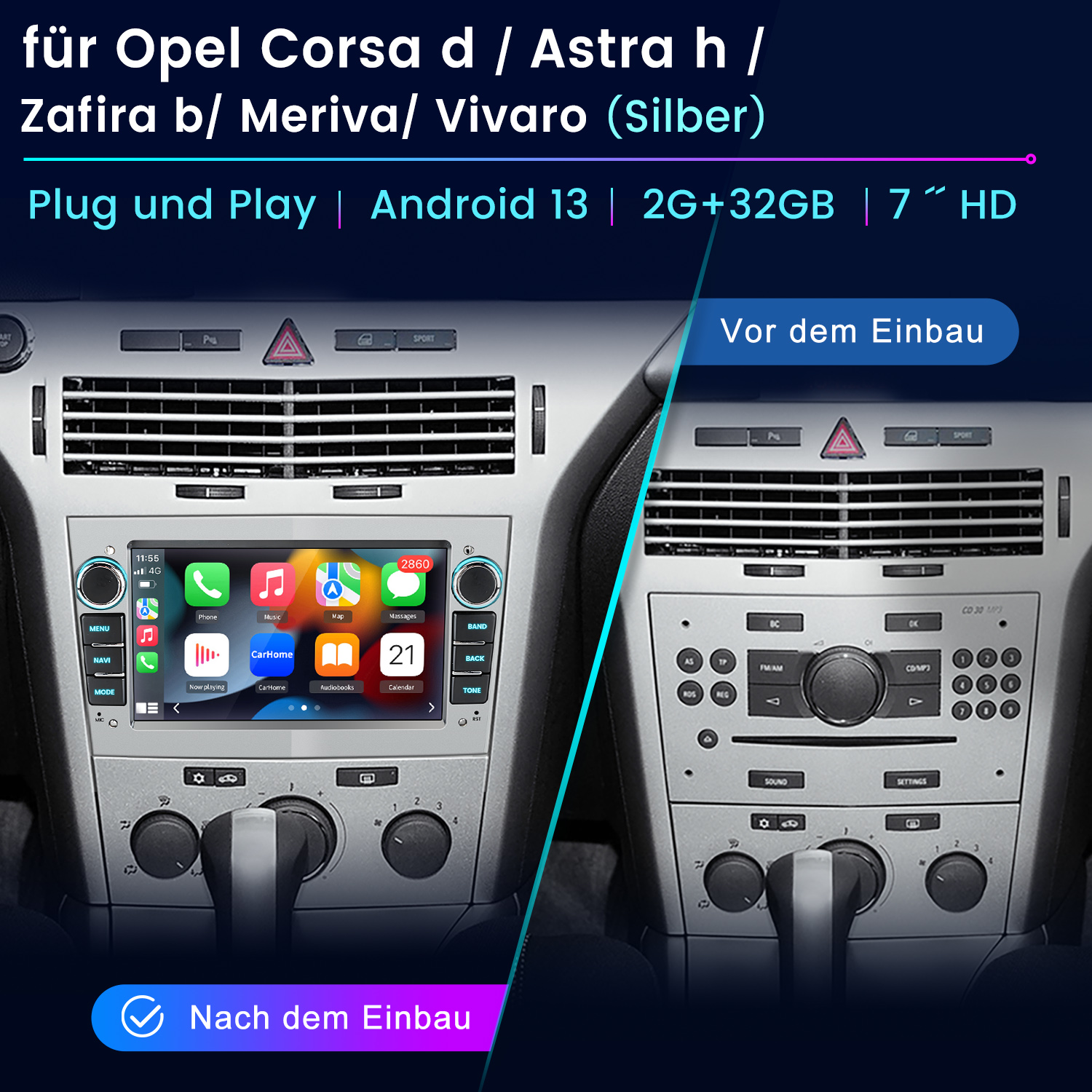 Radio samochodowe przed i po instalacji, z ekranem dotykowym.