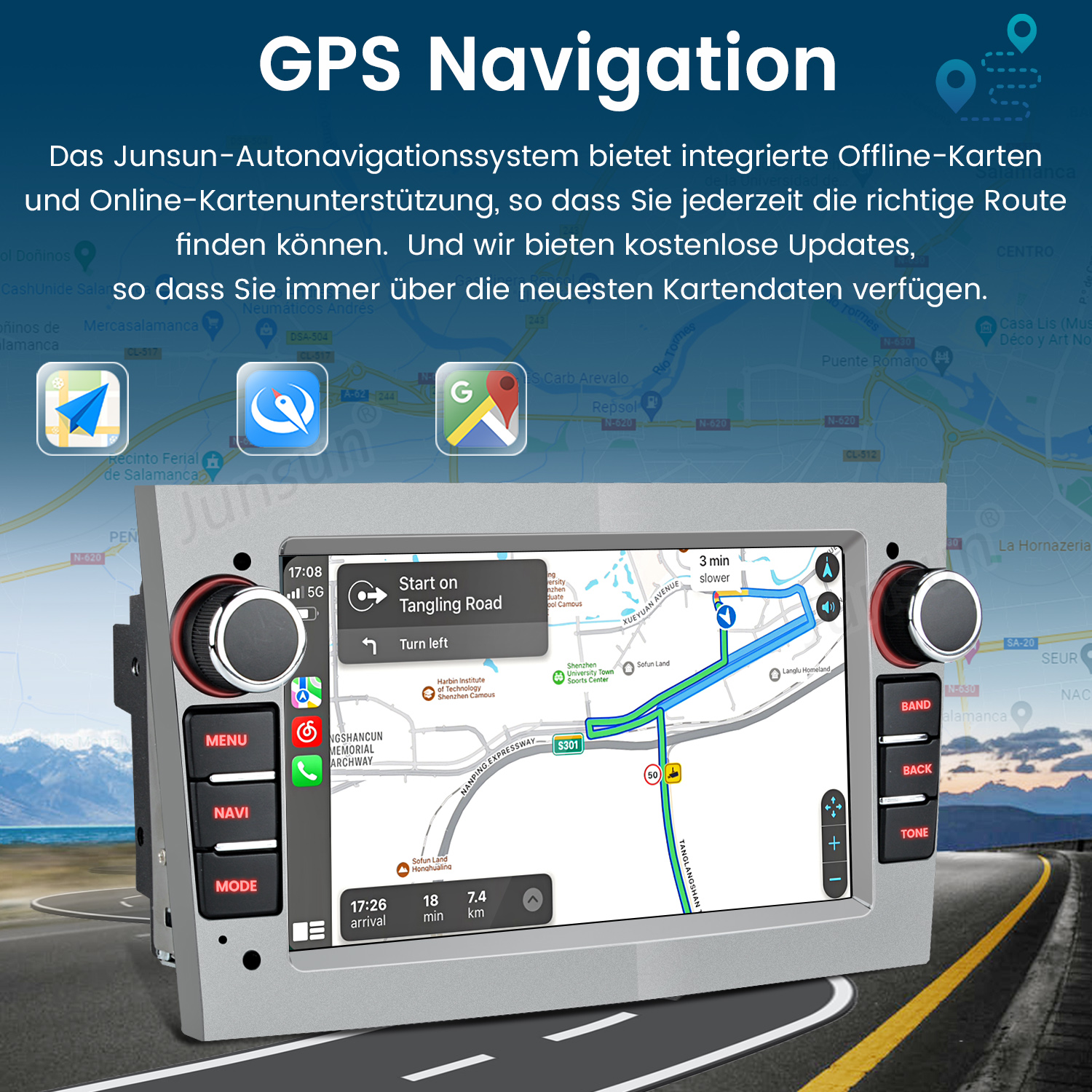 Ekran nawigacji GPS z mapą i przyciskami, z samochodem i tłem drogi.