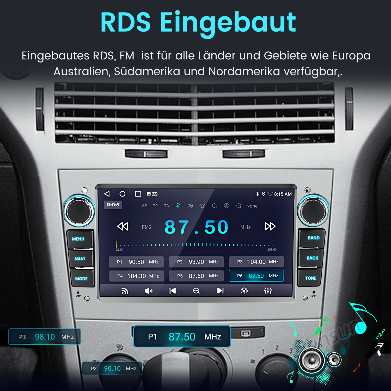 Radio samochodowe z RDS, wyświetlające stację radiową FM. Przyciski i wyświetlacz widoczne.