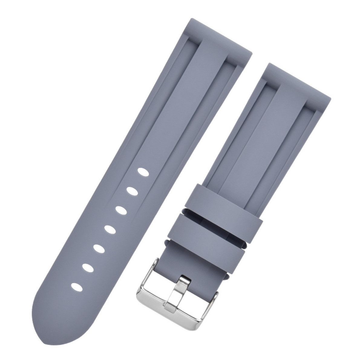 Graues Uhrenarmband. Es hat eine Schnalle und Löcher zur Verstellung und ist aus Silikon.
