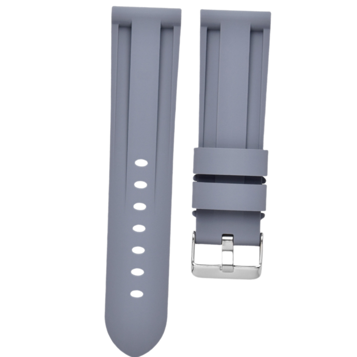 Zwei graue Uhrenarmbänder mit Löchern. Ein Armband hat eine Schnalle. Weißer Hintergrund.
