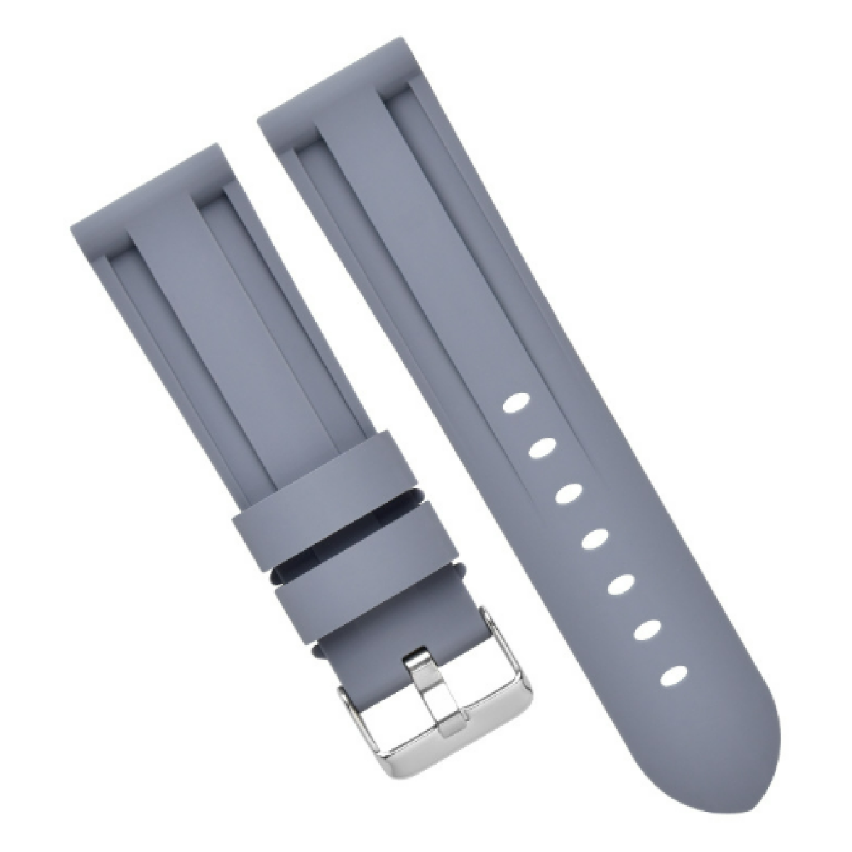 Zwei graue Uhrenarmbänder mit silberner Schnalle. Weißer Hintergrund.