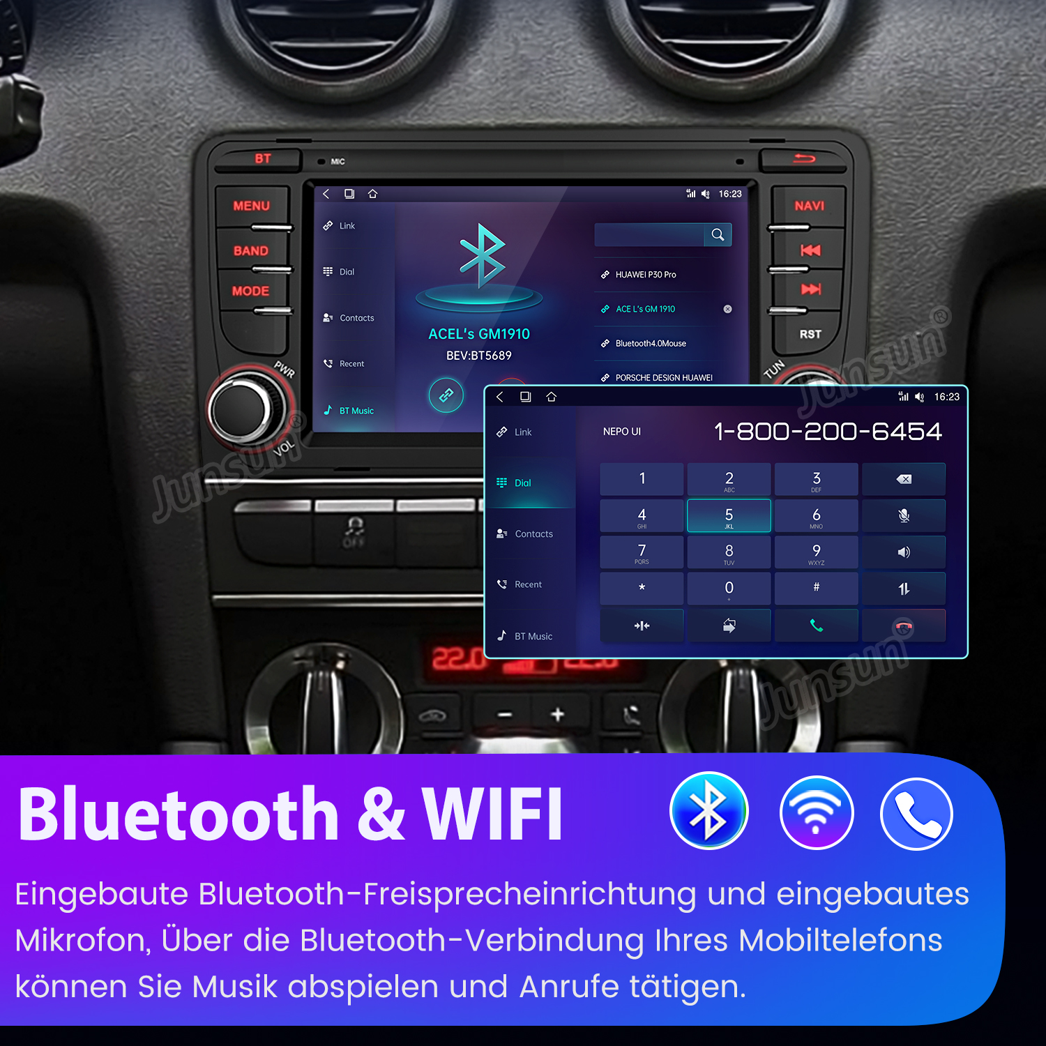 Autoradio-Bildschirm, der Bluetooth und die Telefonschnittstelle anzeigt. Text: Bluetooth & WIFI, Wähltastatur, Kontakte.
