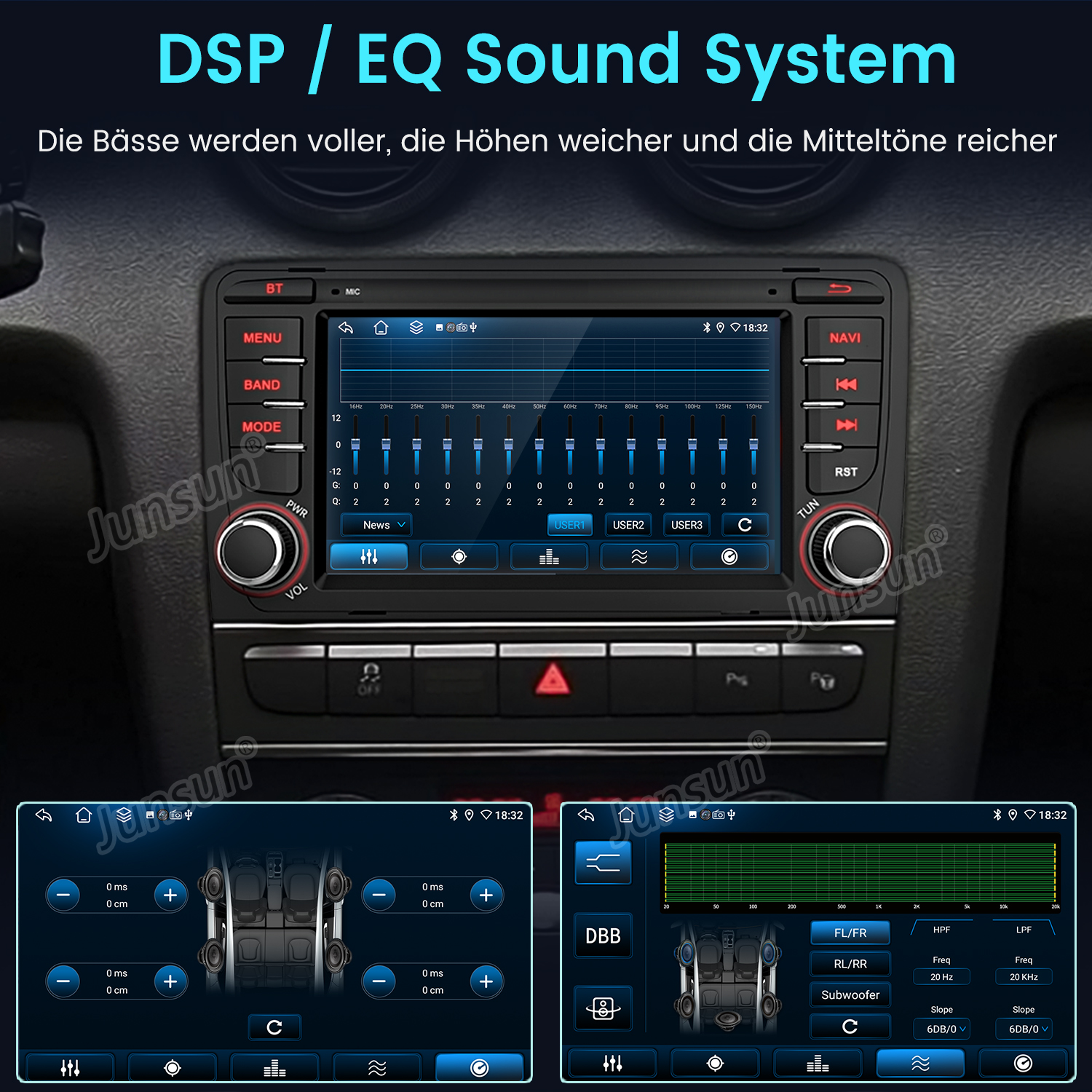 Ekran systemu audio w samochodzie, wyświetlający korektor i opcje ustawień.