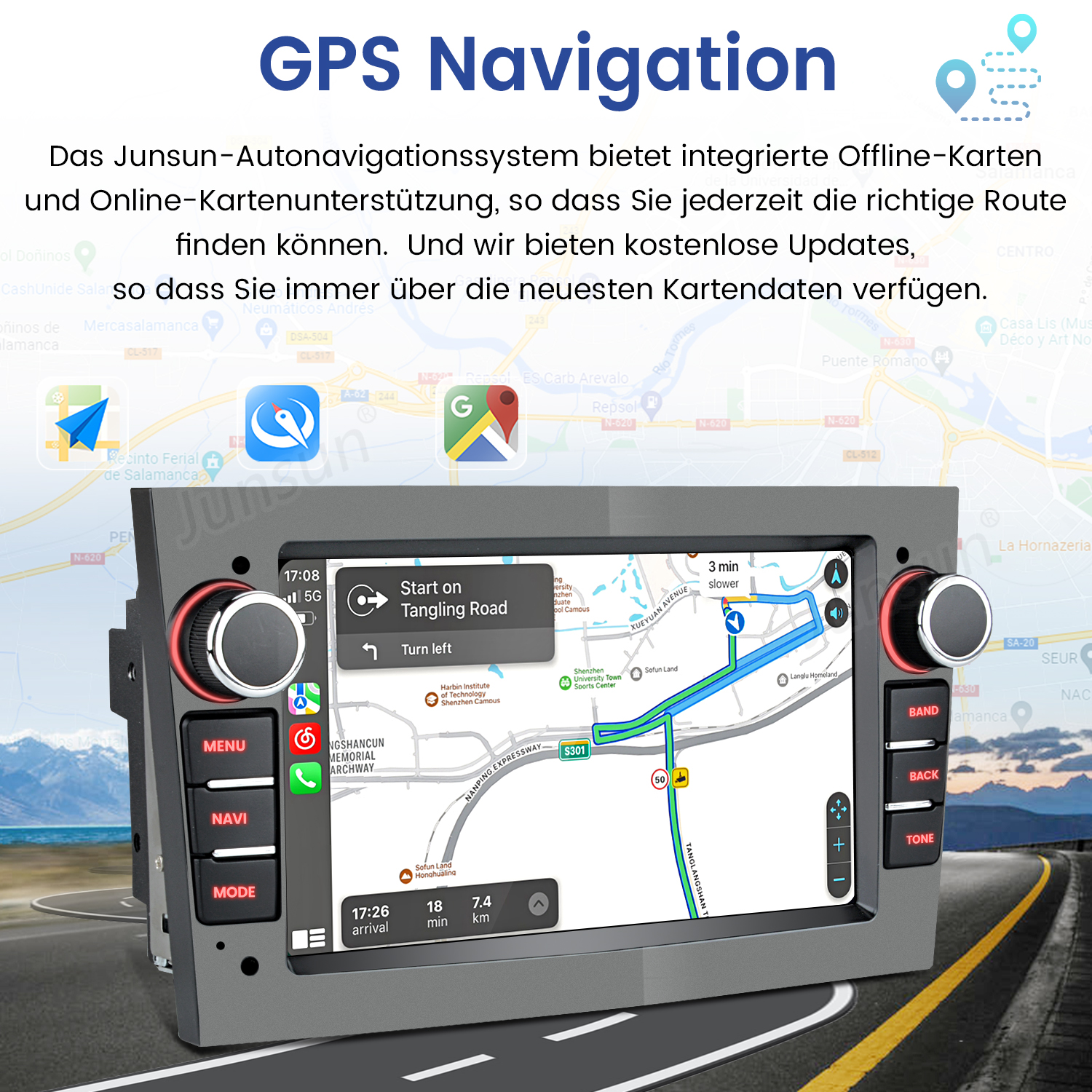 Ekran nawigacji samochodowej pokazujący mapę. Tekst: Nawigacja GPS. Widoczne ikony map i lokalizacji.