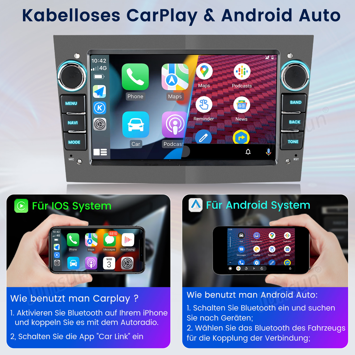Ekran radia samochodowego wyświetla aplikacje. Dwa telefony pokazują instrukcje konfiguracji CarPlay i Android Auto.