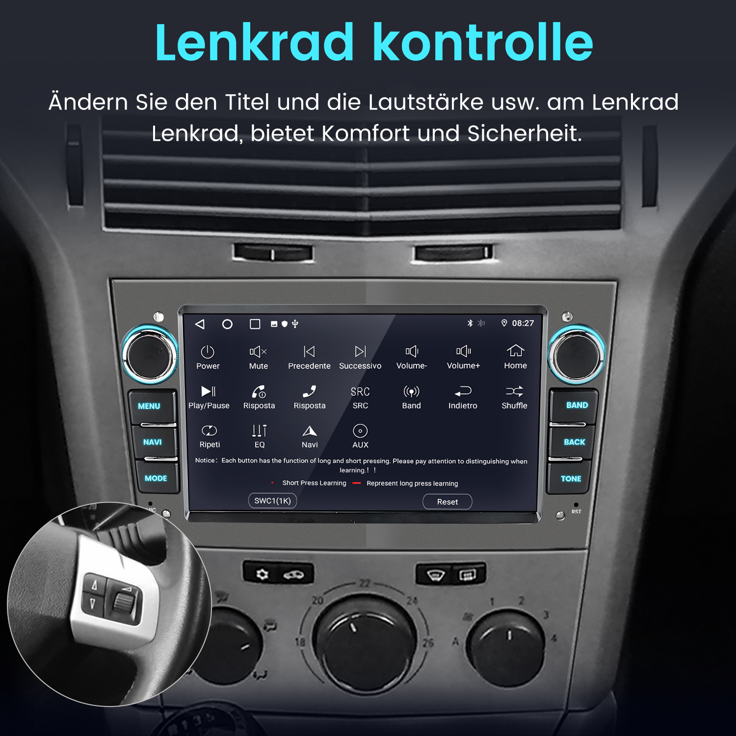Radio samochodowe z przyciskami sterowania i kierownicą. Tekst: Lenkrad kontrolle.