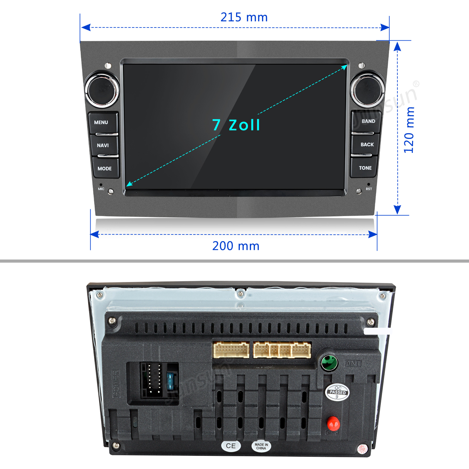 Ein Autoradio mit Touchscreen. Das Bild zeigt die Vorder- und Rückseite mit Abmessungen.