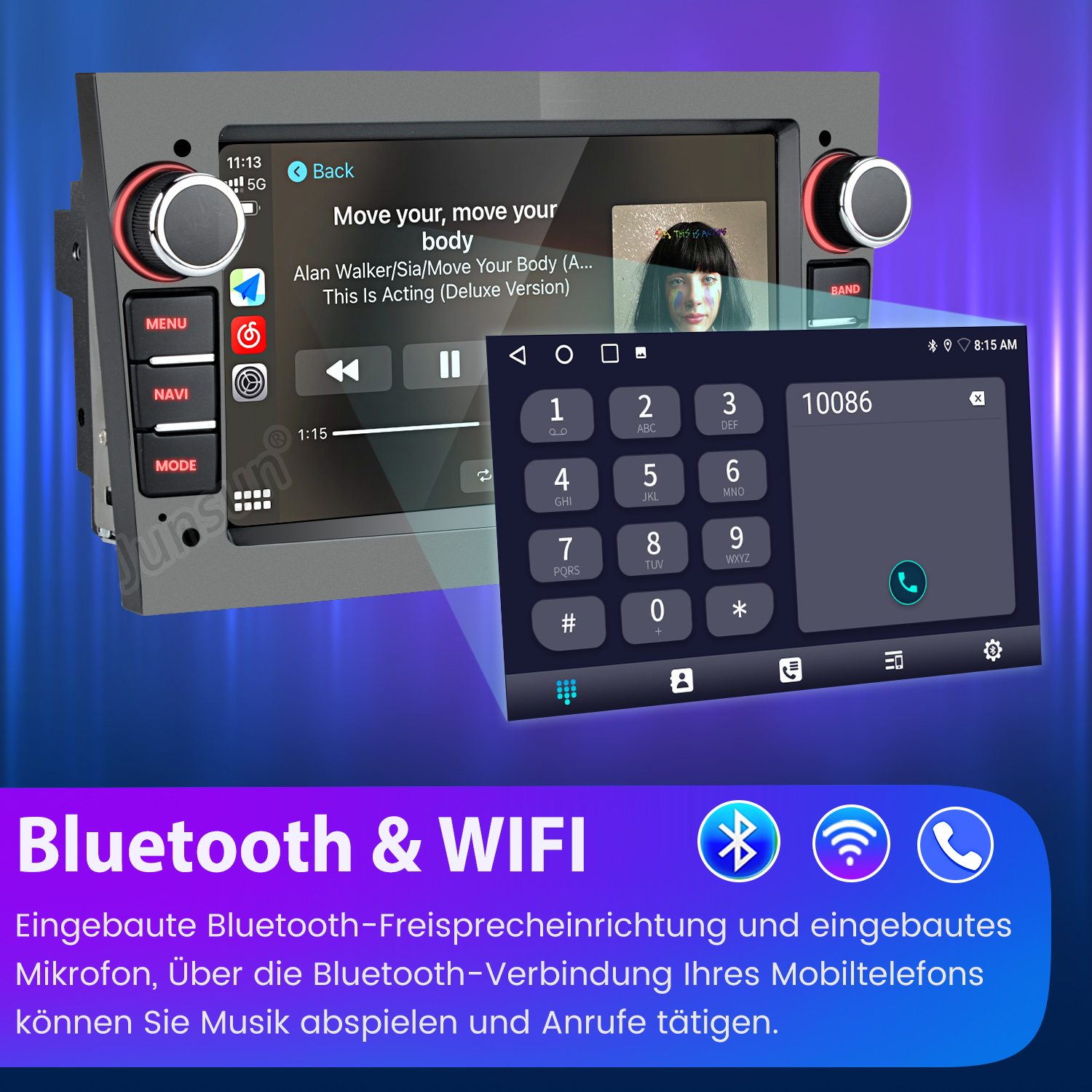 Ekran informacyjno-rozrywkowy z interfejsem telefonu. Tekst: Bluetooth i WIFI, odtwarzanie muzyki.