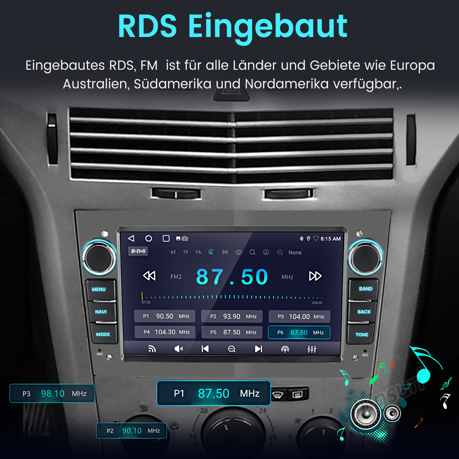 Autoradio-Bildschirm mit RDS-Informationen. Knöpfe und ein Display sind sichtbar.