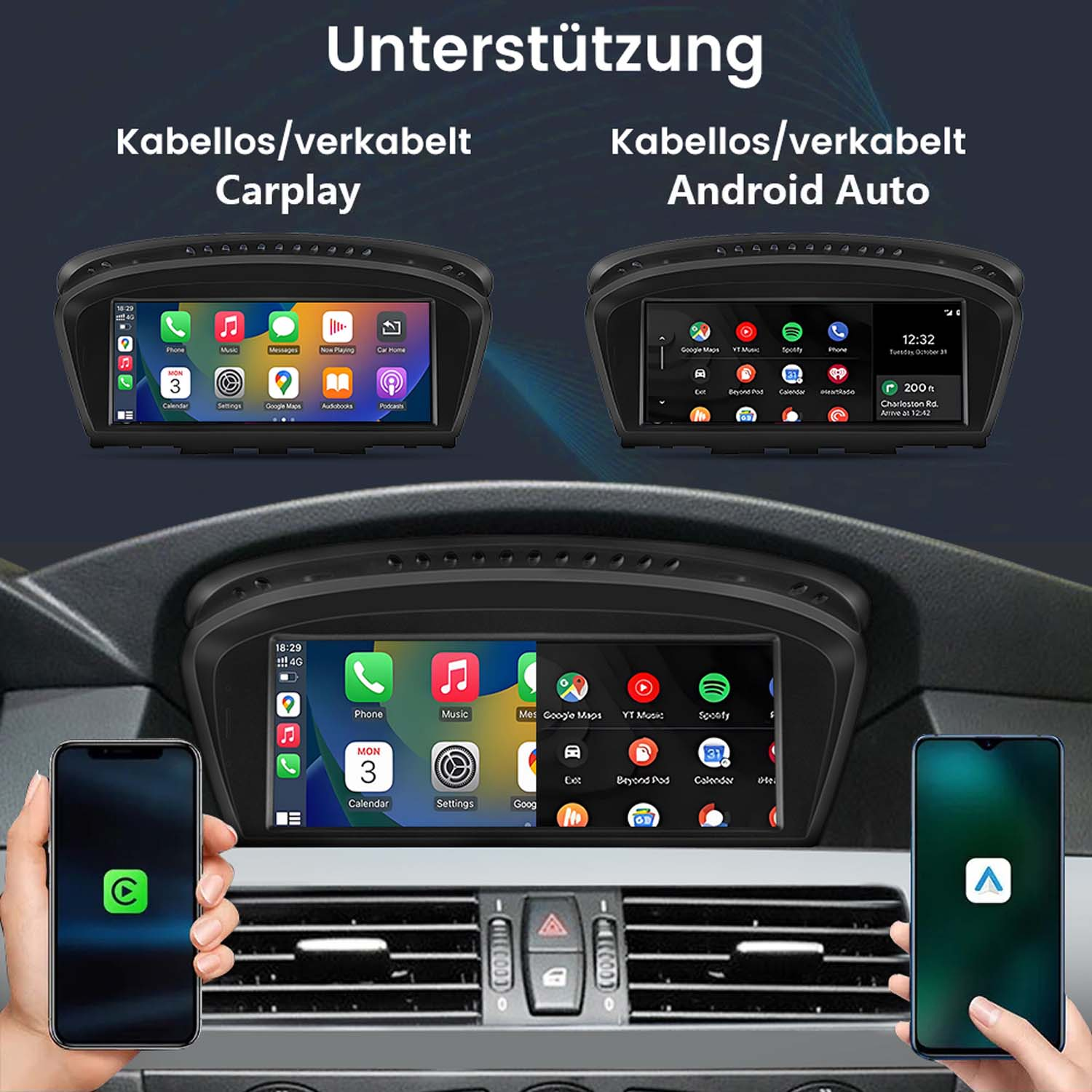 Dwie deski rozdzielcze w samochodzie z ekranami pokazującymi interfejsy CarPlay i Android Auto. Telefony są widoczne.