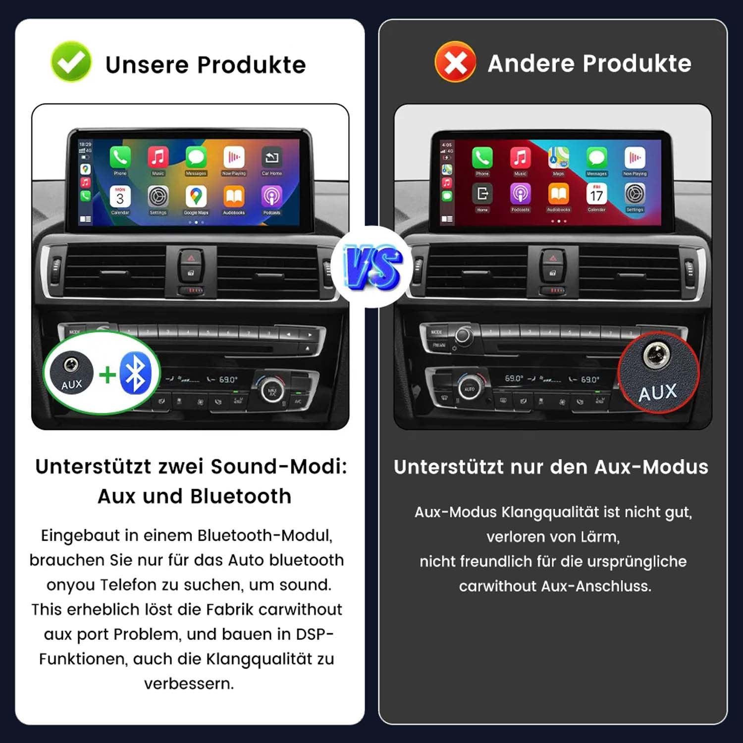 Porównanie interfejsów audio do samochodu, pokazujące różnicę między produktem a innym.