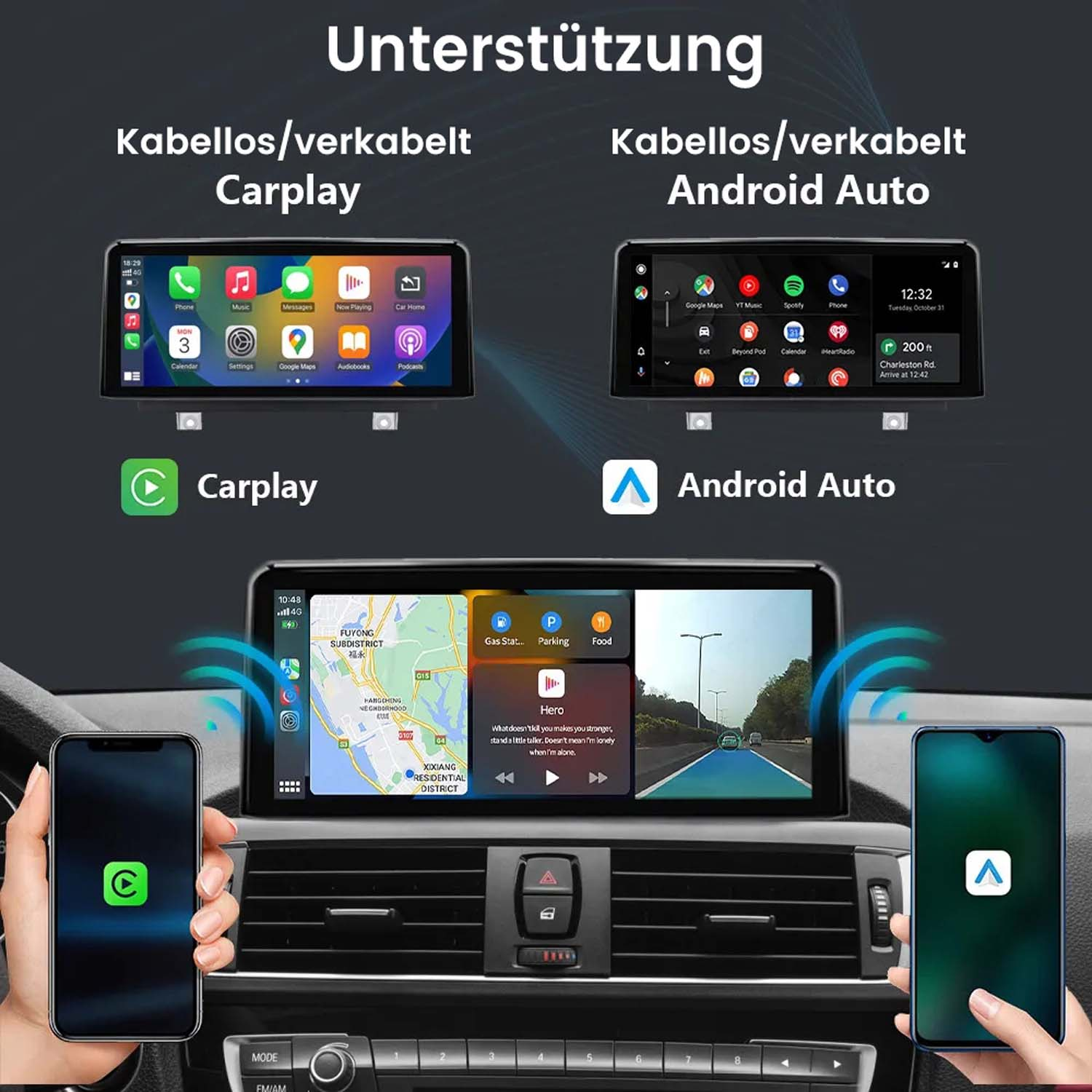Obraz przedstawiający ekrany samochodowe z interfejsami Carplay i Android Auto, sterowane przez telefony.