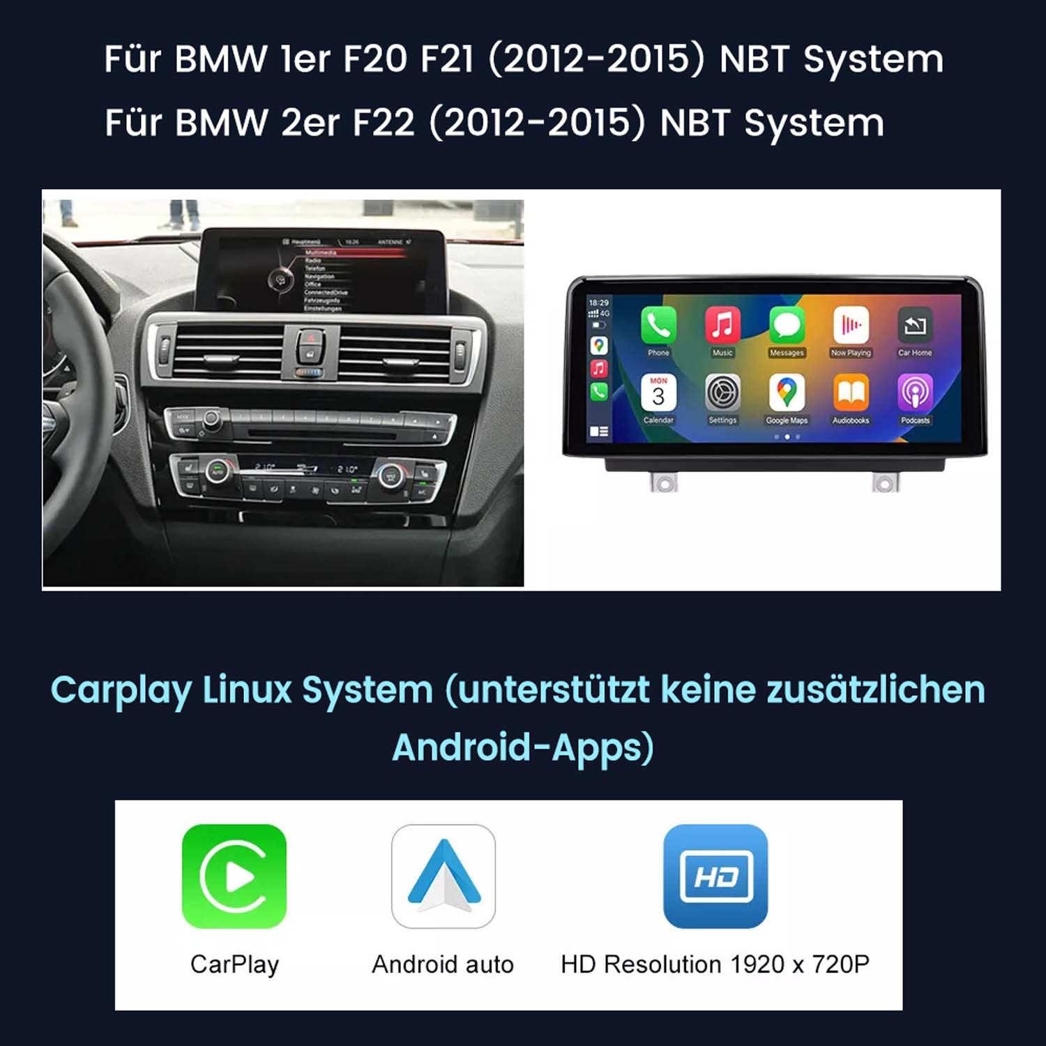 Auto-Infotainmentsystem. Zwei Bildschirme mit unterschiedlichen Oberflächen. Carplay, Android Auto und HD-Auflösungslogos.
