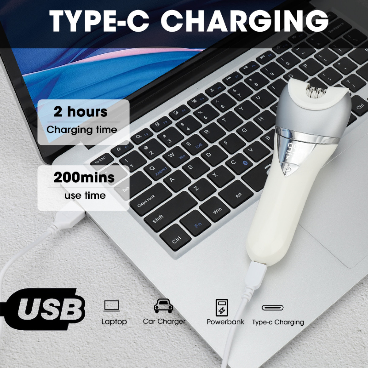 Laptop mit einem Lade-Epilierer und einem USB-Kabel, mit Text.