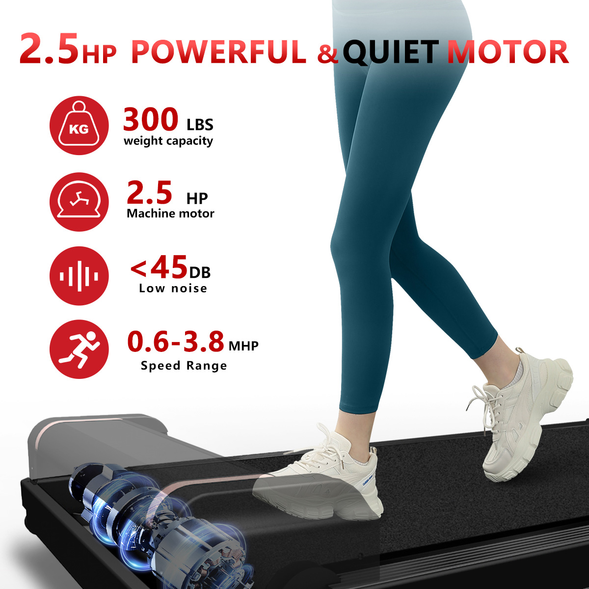 Treadmill with a person exercising, showing motor specs and low noise level.
