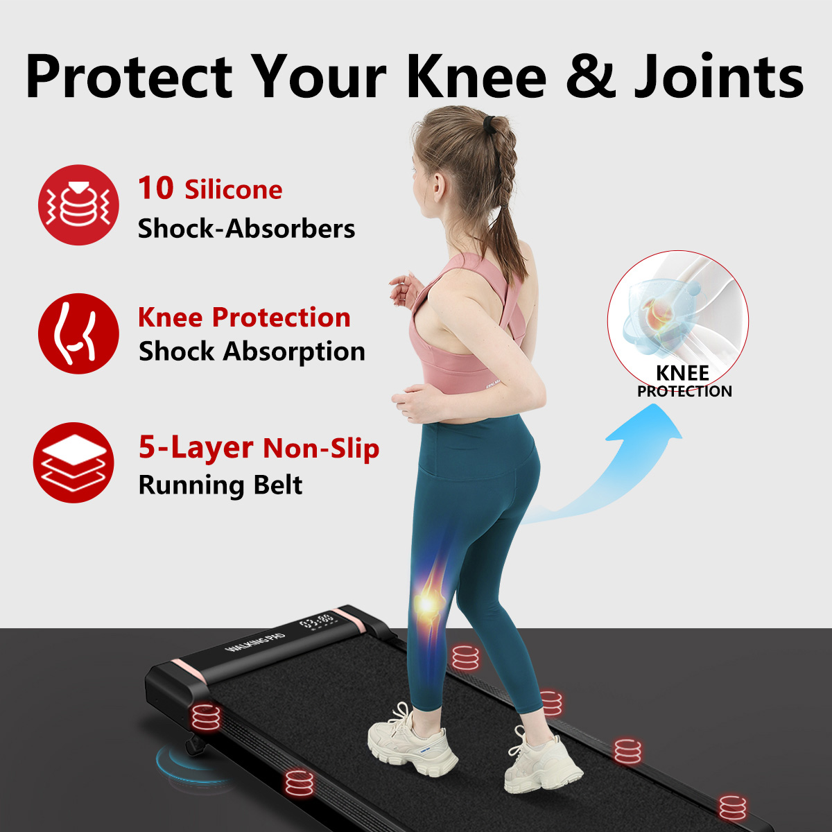 Woman running on a treadmill. Text and icons about knee and joint protection.