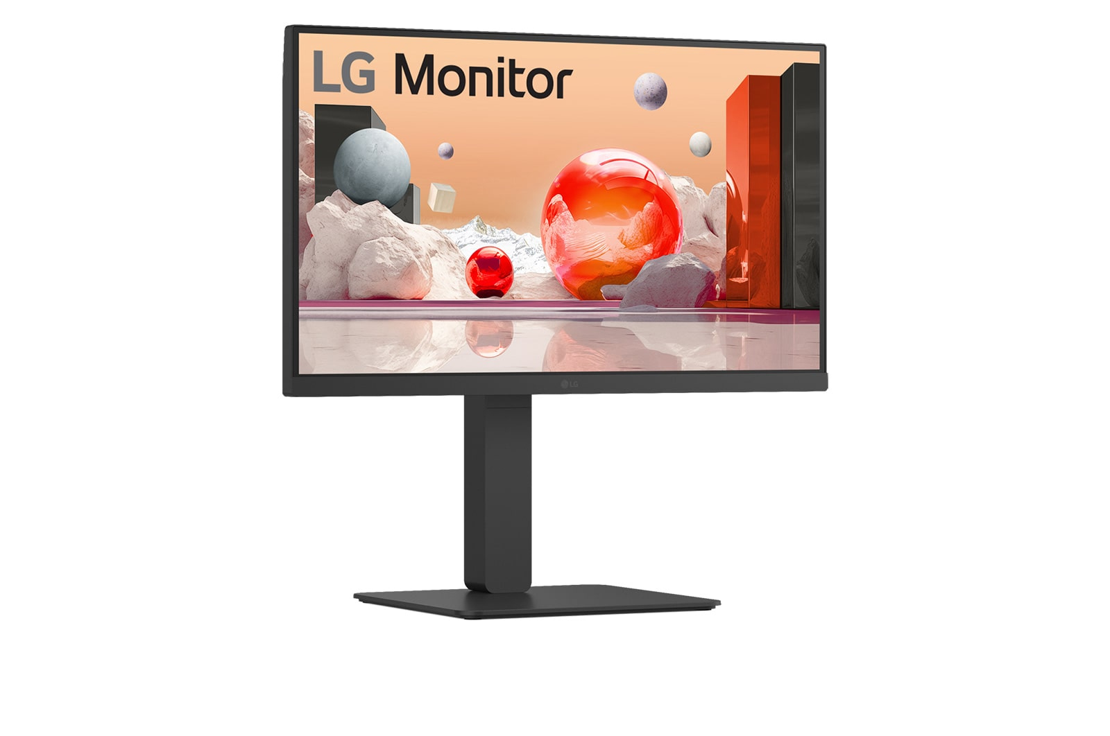 Monitor LG na stojaku. Ekran wyświetla abstrakcyjną sztukę z kulami. Czarny stojak, białe tło.