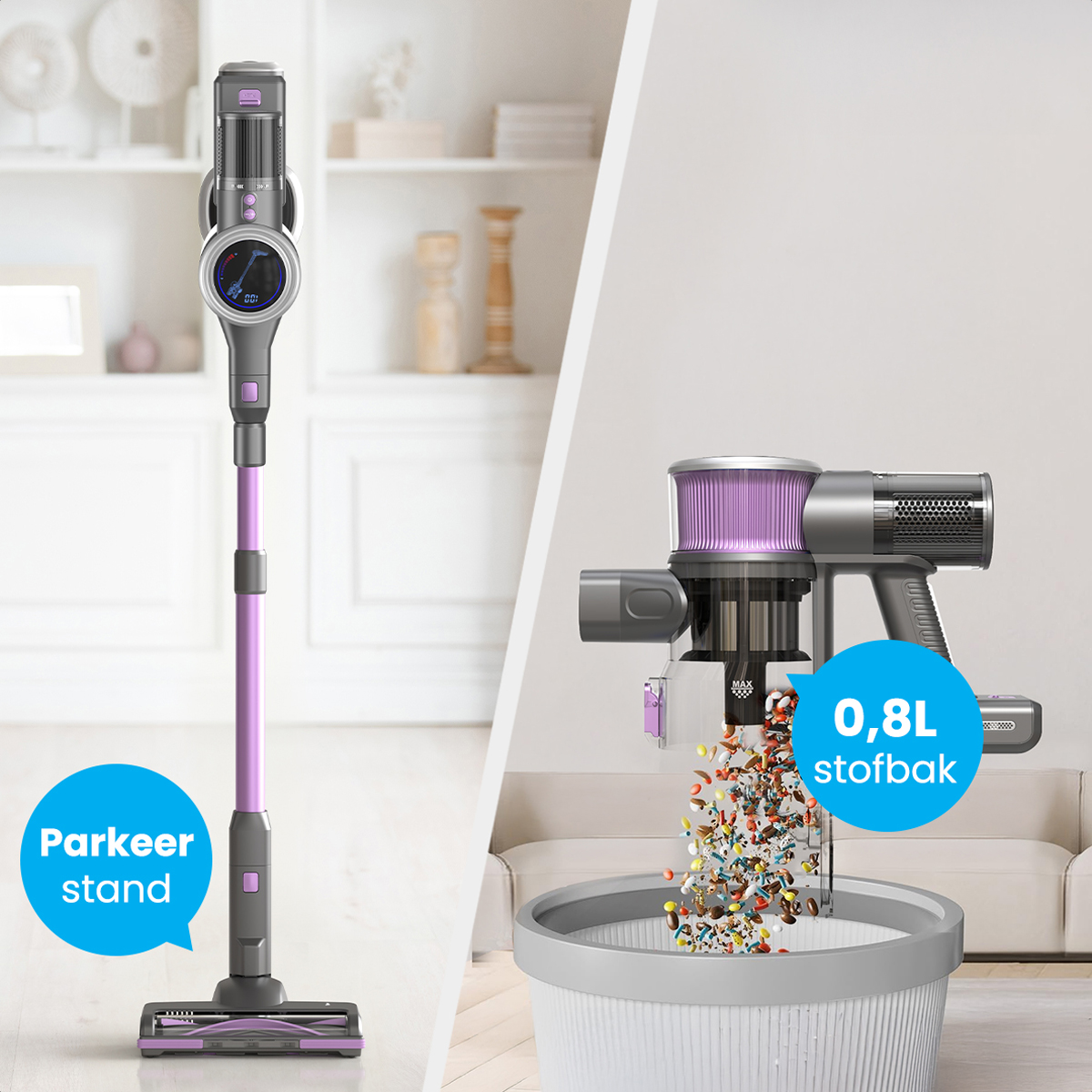 Aspirateur sans fil avec éléments roses et gris, bac à poussière de 0,8L et support.