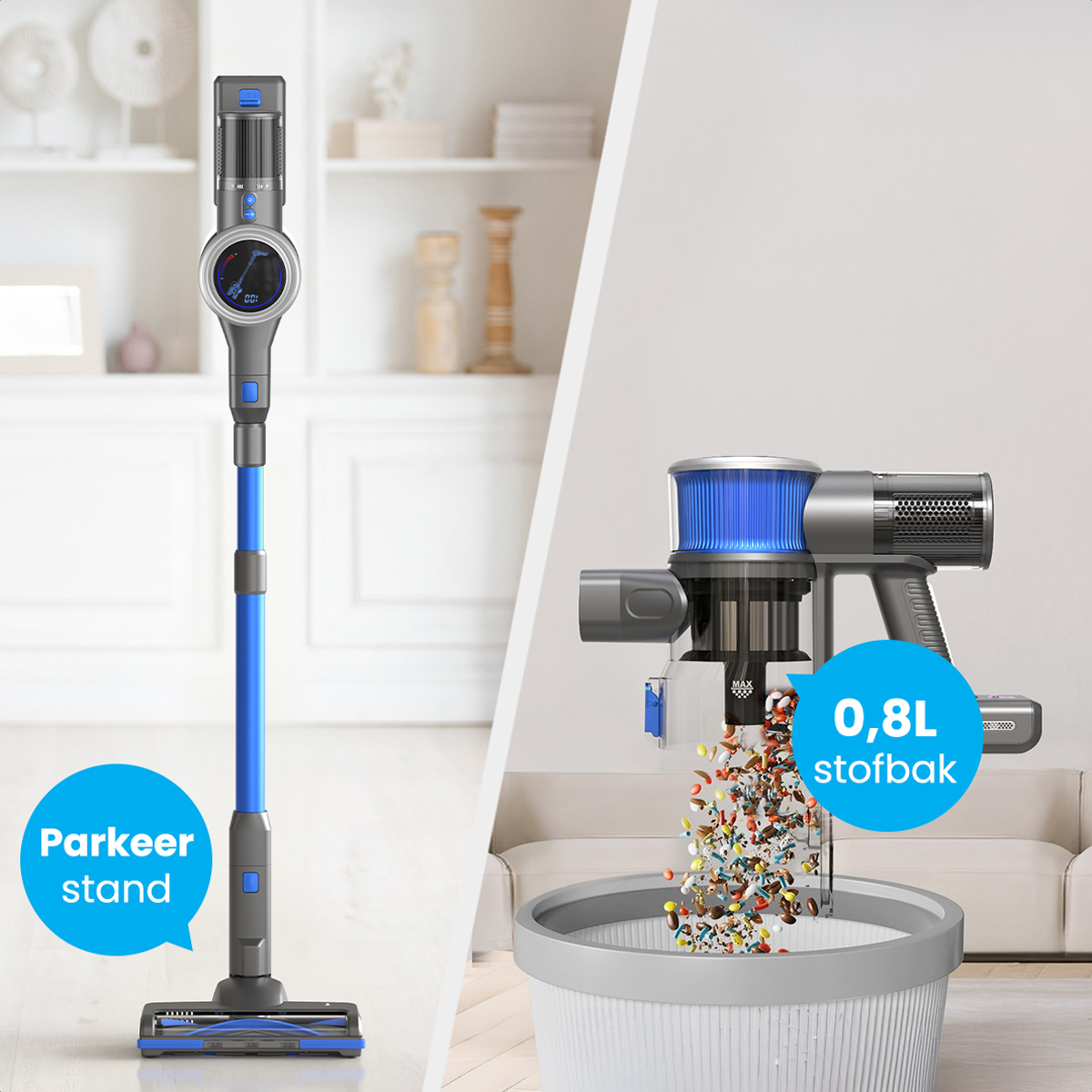 Aspirateur sans fil avec étiquette 'Parkeer stand'. Une partie vide les déchets.