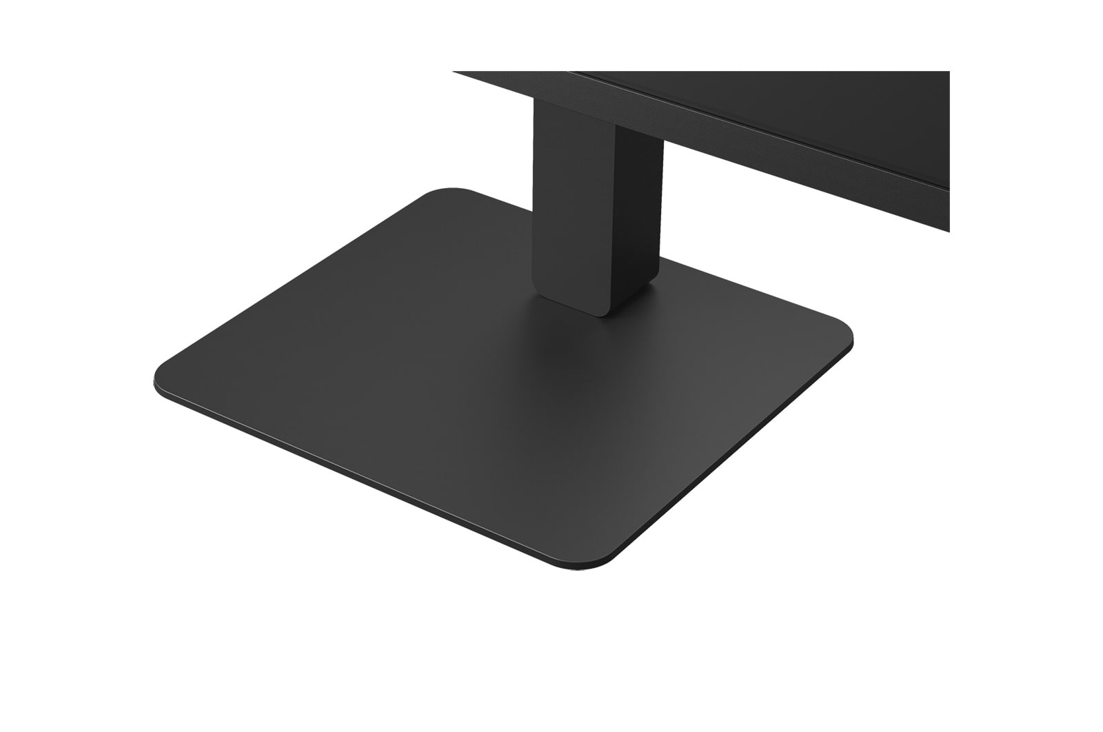 Czarna kwadratowa podstawa stojaka z dołączonym prostokątnym wspornikiem. Białe tło.