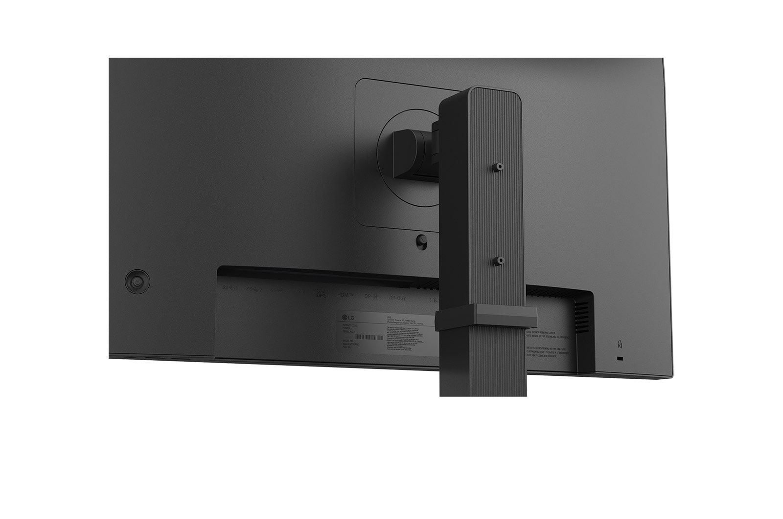 Tył czarnego monitora komputera, z widoczną podstawą i portami.