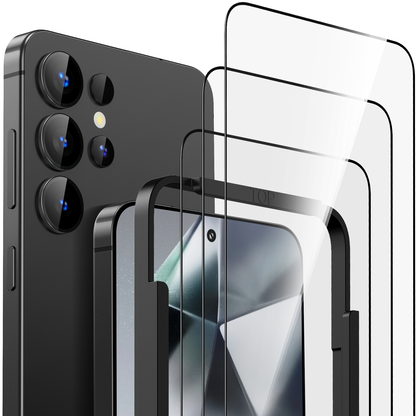 Schwarzes Telefon mit Displayschutzfolien. Ein schwarzes Telefon mit Displayschutzfolien davor. Der Hintergrund ist weiß.