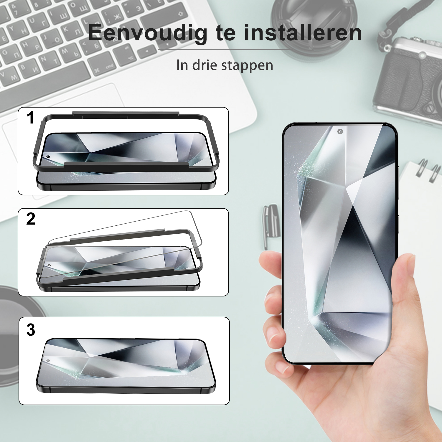 Schritte zur Installation des Displayschutzes. Telefon in der Hand, mit Schutzfolie und Bildschirm.