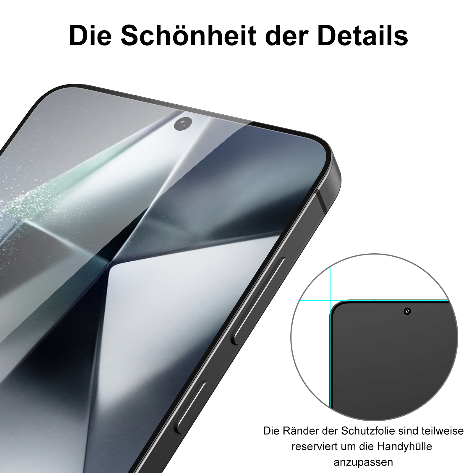 Nahaufnahme des Telefonbildschirms mit schwarzem Rahmen. Text oben: Die Schönheit der Details. Kleiner Ausschnitt.