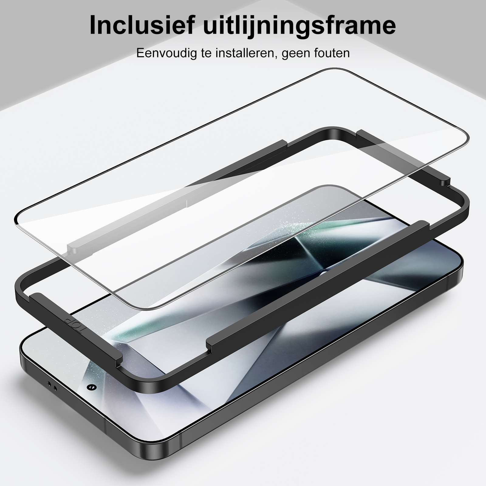 Handy-Displayschutz mit schwarzem Rahmen und klarem Bildschirm. Text auf Niederländisch.