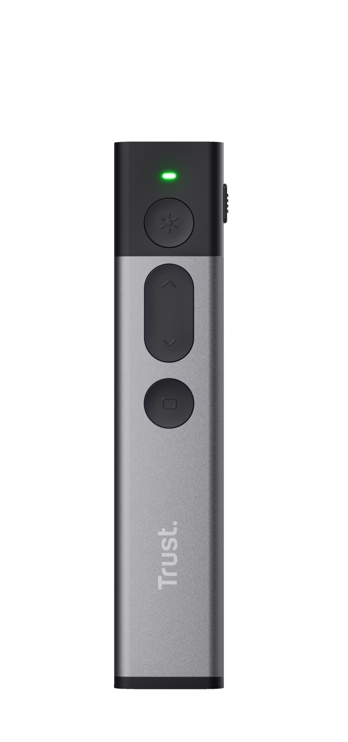 Srebrno-czarny pilot prezentacji z przyciskami i zielonym światłem.