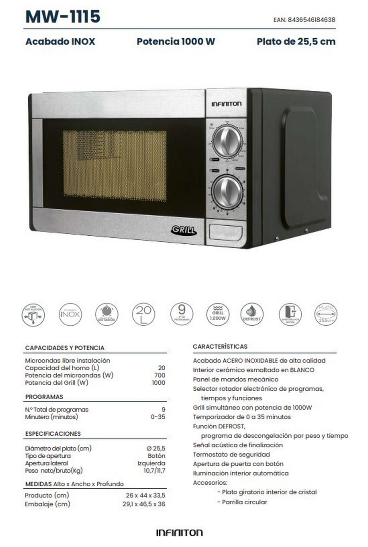 Un forno a microonde con manopole di controllo e display digitale. Vengono mostrate anche le informazioni sul prodotto.