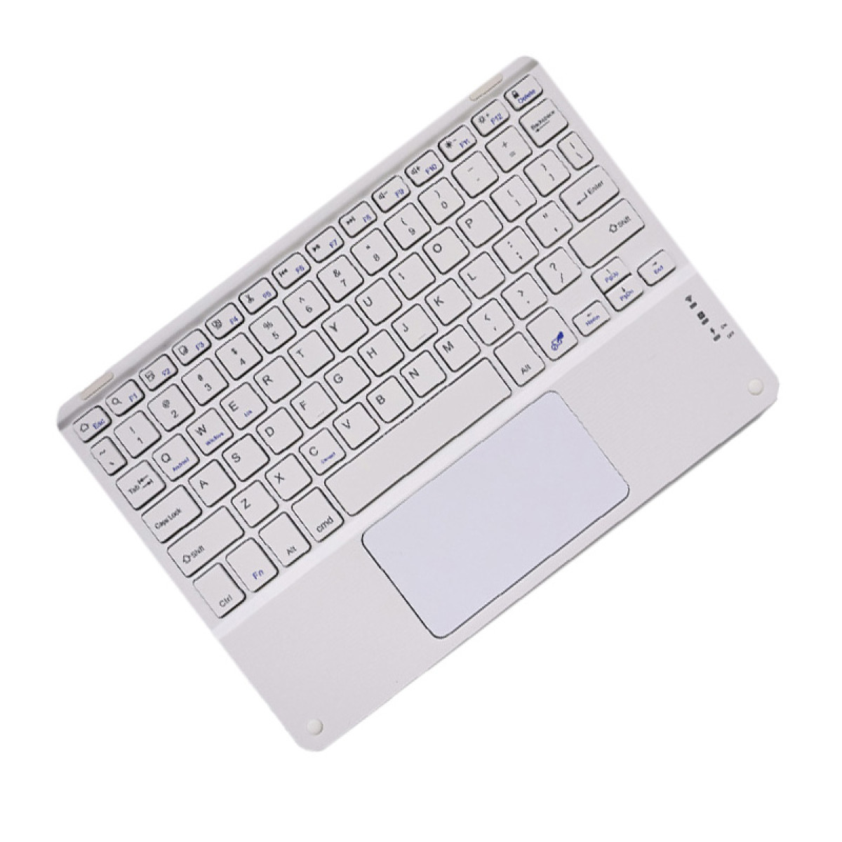 Tastiera bianca con touchpad. I tasti sono neri con lettere bianche. Piccola e portatile.