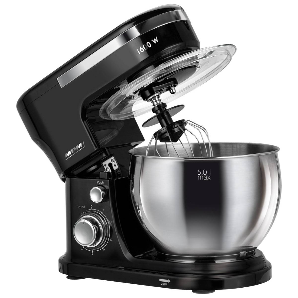 Czarny mikser kuchenny ze stalową misą. Głowica miksująca jest uniesiona. Moc wynosi 1600W.