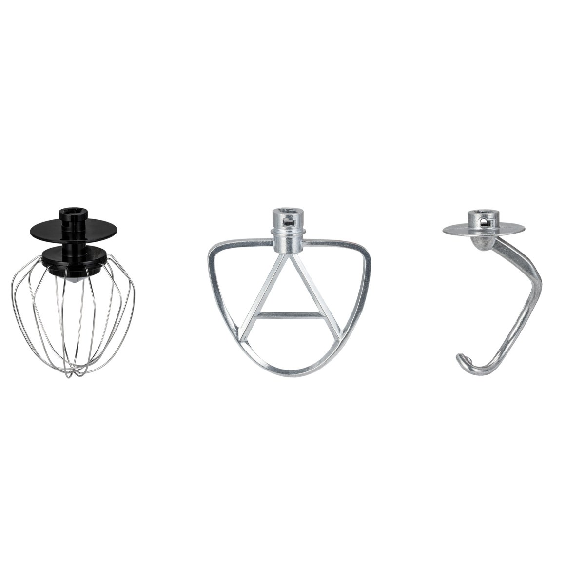 Trzy przystawki do miksera na białej powierzchni: trzepaczka, mieszadło i hak do ciasta.