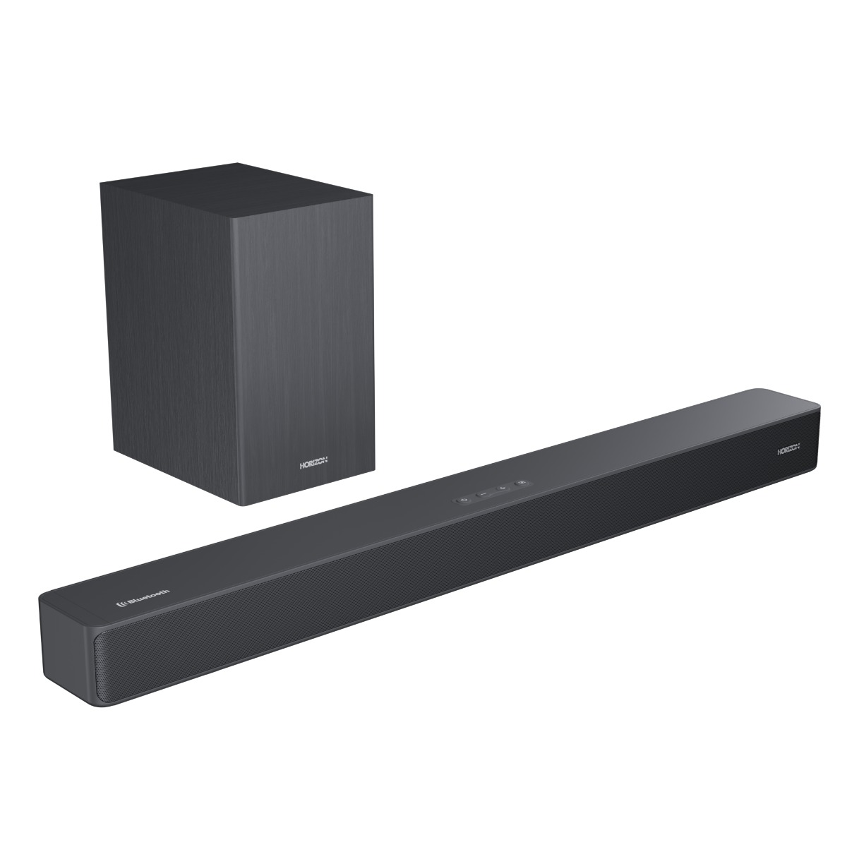 Een zwarte soundbar met een subwoofer op een witte achtergrond.